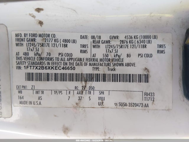 46432462 :رقم المزاد ، 1FT7X2B6XKEC46650 vin ، 2019 Ford F-250 Xl مزاد بيع