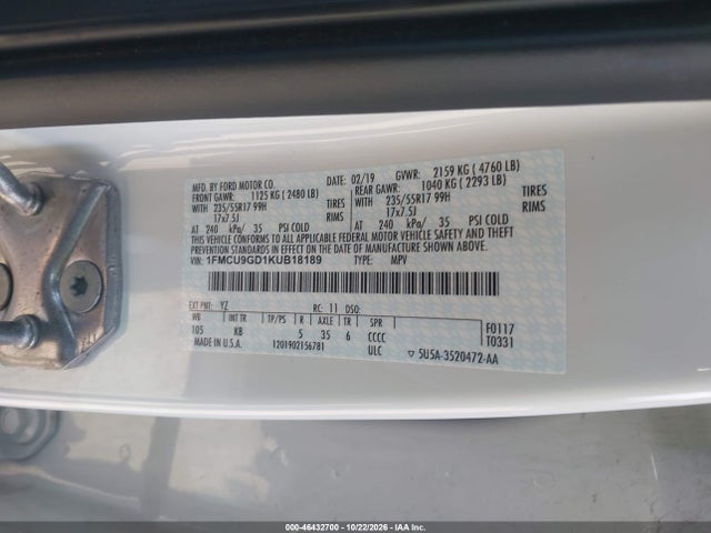 Aukcja sprzedaży 2019 Ford Escape Se, vin: 1FMCU9GD1KUB18189, numer aukcji: 46432700