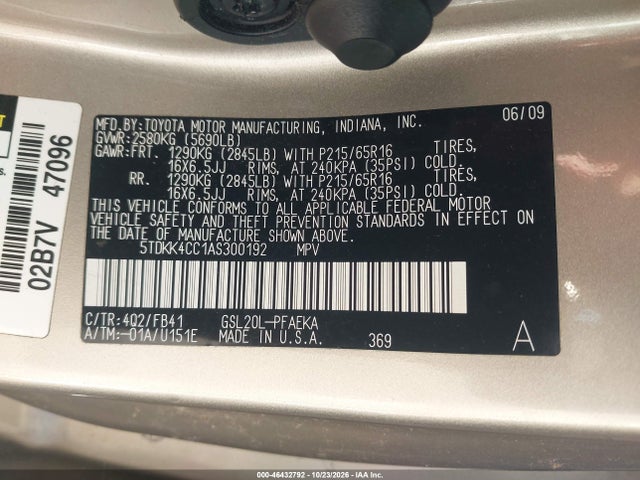 46432792 :رقم المزاد ، 5TDKK4CC1AS300192 vin ، 2010 Toyota Sienna Ce مزاد بيع