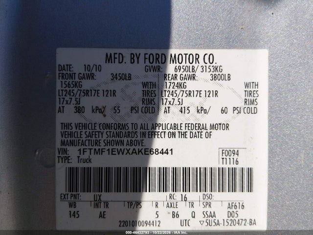 46432793 :رقم المزاد ، 1FTMF1EWXAKE68441 vin ، 2010 Ford F-150 Stx/xl/xlt مزاد بيع