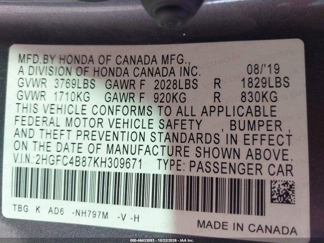 46433093 :رقم المزاد ، 2HGFC4B87KH309671 vin ، 2019 Honda Civic Sport مزاد بيع
