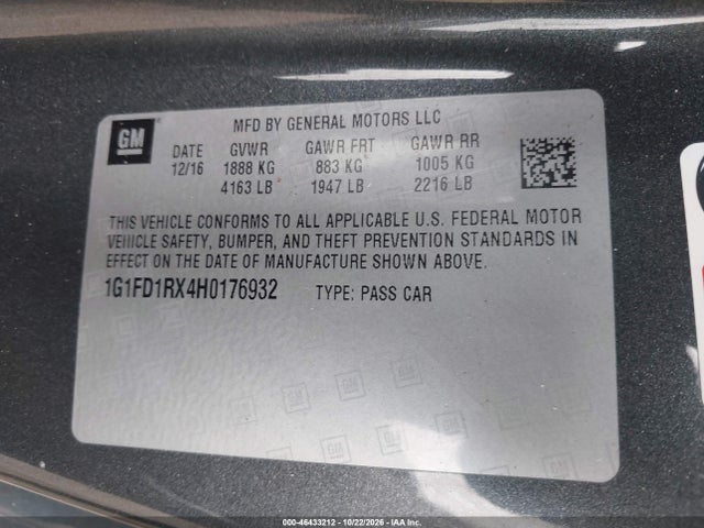 2017 Chevrolet Camaro 2lt მანქანა იყიდება აუქციონზე, vin: 1G1FD1RX4H0176932, აუქციონის ნომერი: 46433212