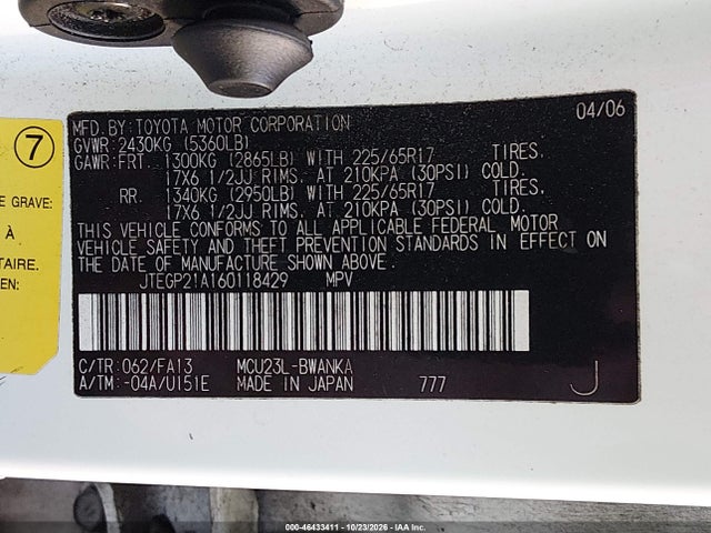 Продаж на аукціоні авто 2006 Toyota Highlander Sport V6, vin: JTEGP21A160118429, номер лоту: 46433411