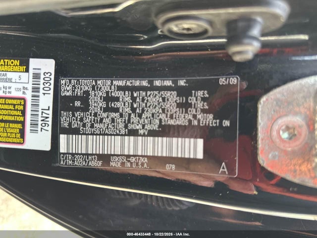46433448 :رقم المزاد ، 5TDDY5G17AS024381 vin ، 2010 Toyota Sequoia Platinum مزاد بيع