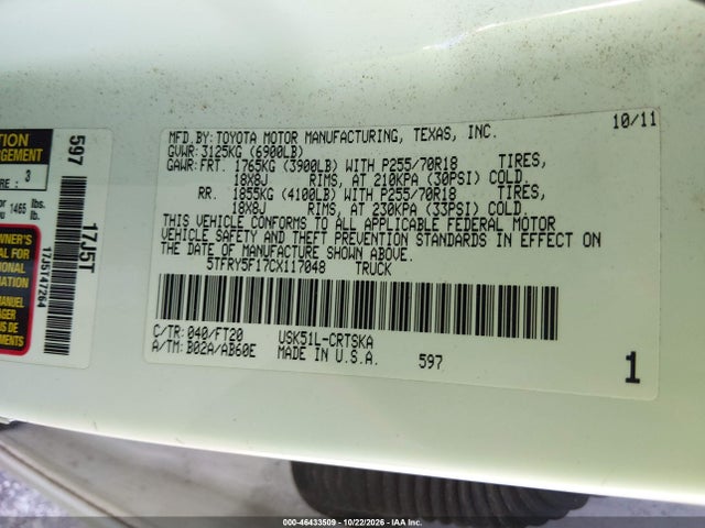 46433509 :رقم المزاد ، 5TFRY5F17CX117048 vin ، 2012 Toyota Tundra Double Cab Sr5 مزاد بيع