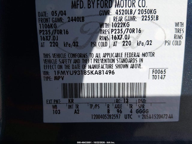Продажа на аукционе авто 2005 Ford Escape Xlt, vin: 1FMYU93185KA81496, номер лота: 46433891
