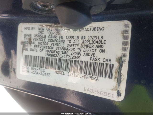 2004 Toyota Corolla Ce/le/s მანქანა იყიდება აუქციონზე, vin: 1NXBR32EX4Z212049, აუქციონის ნომერი: 46434004