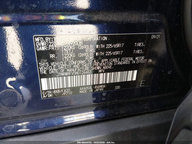 Auction sale of the 2021 Toyota Rav4 Hybrid Xle, vin: JTMRWRFV5MD126463, lot number: 46434102