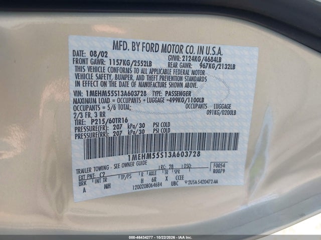 2003 Mercury Sable Ls Premium მანქანა იყიდება აუქციონზე, vin: 1MEHM55S13A603728, აუქციონის ნომერი: 46434277
