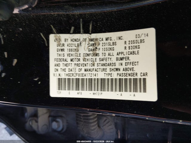 Aukcja sprzedaży 2014 Honda Accord Exl, vin: 1HGCR2F80EA172141, numer aukcji: 46434408