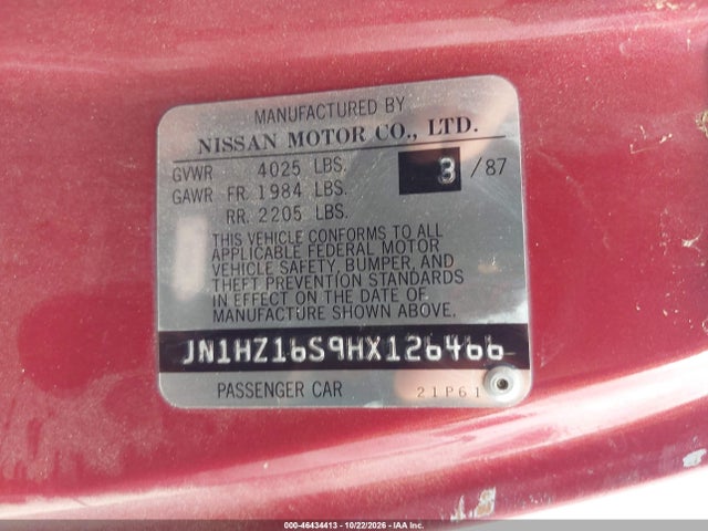 Продажа на аукционе авто 1987 Nissan 300zx 2+2, vin: JN1HZ16S9HX126466, номер лота: 46434413