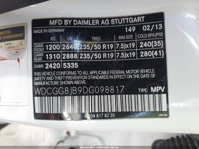 46434576 :رقم المزاد ، WDCGG8JB9DG098817 vin ، 2013 Mercedes-benz Glk 350 4matic مزاد بيع