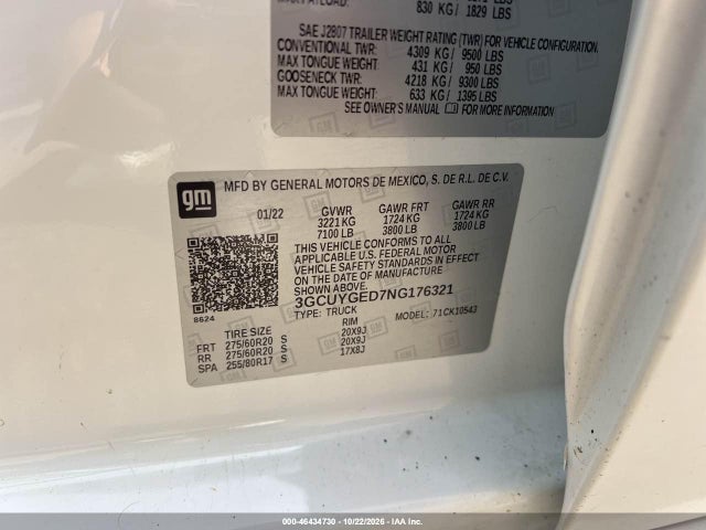 Aukcja sprzedaży 2022 Chevrolet Silverado 1500 Ltd 4wd  Short Bed Ltz, vin: 3GCUYGED7NG176321, numer aukcji: 46434730
