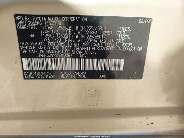 46434950 :رقم المزاد ، JTMBF33V295012067 vin ، 2009 Toyota Rav4 مزاد بيع