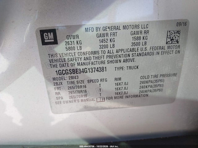 Продажа на аукционе авто 2016 Chevrolet Colorado Wt, vin: 1GCGSBE34G1374381, номер лота: 46435706