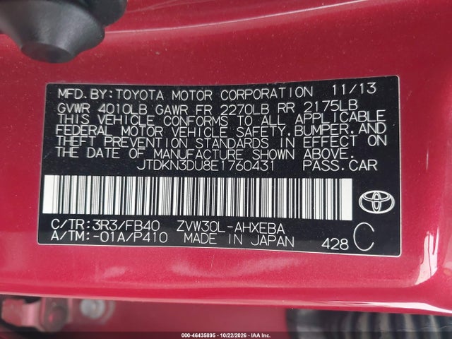 JTDKN3DU8E1760431 Toyota Prius Two
