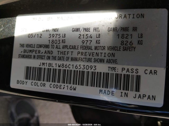 Aukcja sprzedaży 2012 Mazda Mazda3 I Grand Touring, vin: JM1BL1W86C1653093, numer aukcji: 46436398