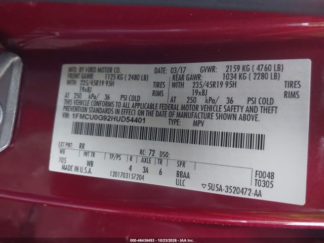 Продаж на аукціоні авто 2017 Ford Escape Se, vin: 1FMCU0G92HUD54401, номер лоту: 46436493