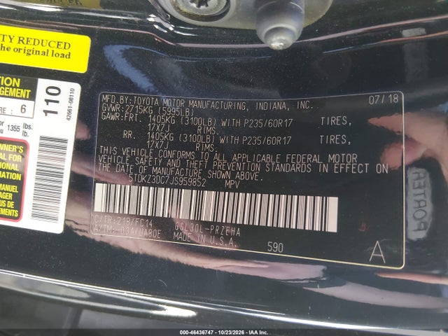 Продаж на аукціоні авто 2018 Toyota Sienna Le 8 Passenger, vin: 5TDKZ3DC7JS959852, номер лоту: 46436747