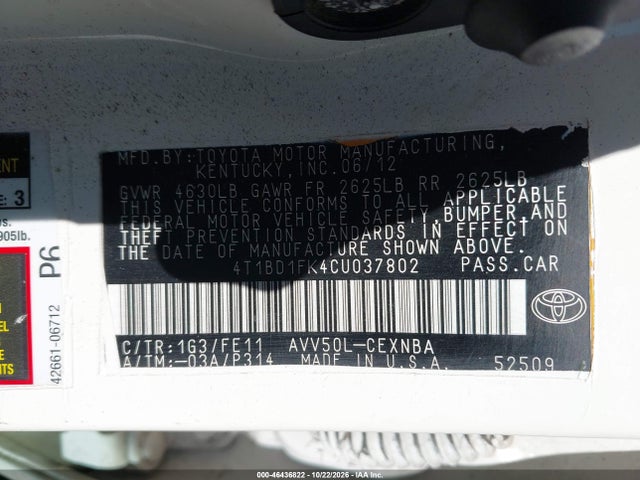Продаж на аукціоні авто 2012 Toyota Camry Hybrid Le, vin: 4T1BD1FK4CU037802, номер лоту: 46436822