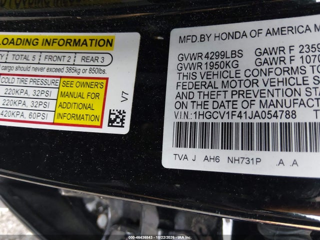 Aukcja sprzedaży 2018 Honda Accord Ex, vin: 1HGCV1F41JA054788, numer aukcji: 46436843