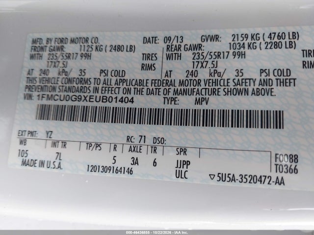 Aukcja sprzedaży 2014 Ford Escape Se, vin: 1FMCU0G9XEUB01404, numer aukcji: 46436855