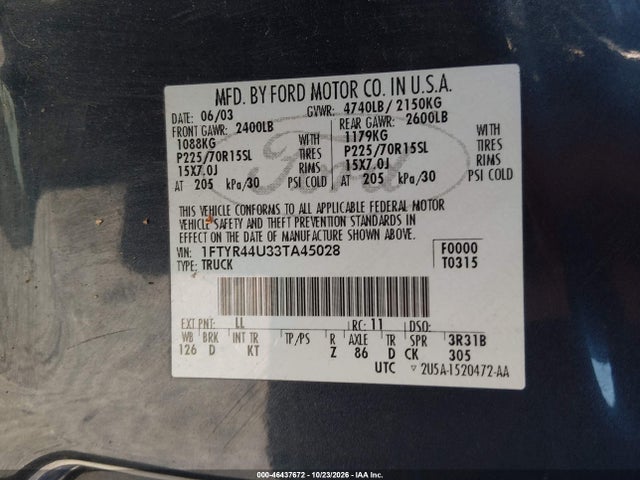 Aukcja sprzedaży 2003 Ford Ranger Edge/tremor/xlt, vin: 1FTYR44U33TA45028, numer aukcji: 46437672