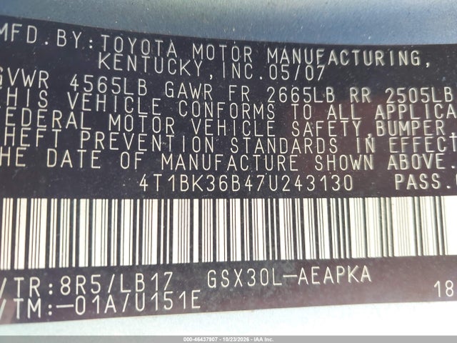 46437907 :رقم المزاد ، 4T1BK36B47U243130 vin ، 2007 Toyota Avalon Xl/xls/touring/limited مزاد بيع
