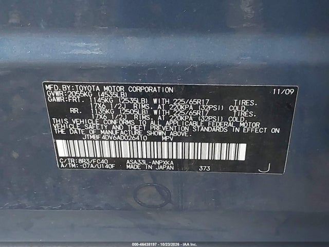 Aukcja sprzedaży 2010 Toyota Rav4, vin: JTMBF4DV6AD026410, numer aukcji: 46438197