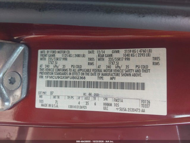 2015 Ford Escape Se მანქანა იყიდება აუქციონზე, vin: 1FMCU9GX9FUB02368, აუქციონის ნომერი: 46438855