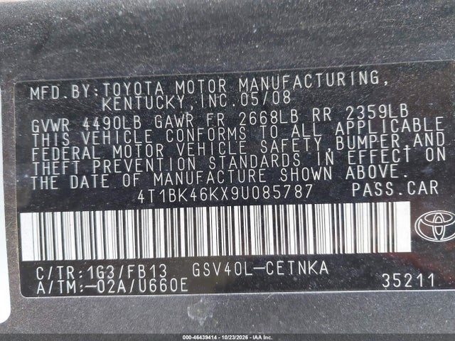 46439414 :رقم المزاد ، 4T1BK46KX9U085787 vin ، 2009 Toyota Camry Le V6 مزاد بيع