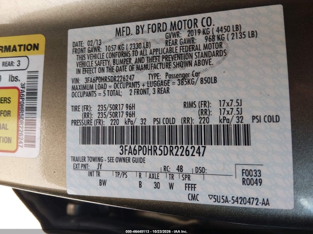 2013 Ford Fusion Se მანქანა იყიდება აუქციონზე, vin: 3FA6P0HR5DR226247, აუქციონის ნომერი: 46440113