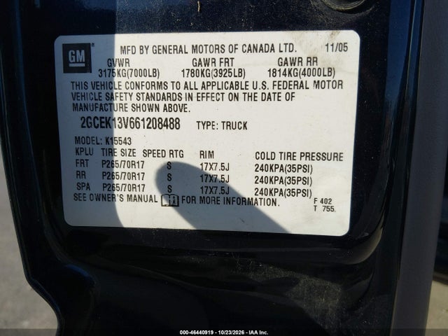 2006 Chevrolet Silverado 1500 Ls მანქანა იყიდება აუქციონზე, vin: 2GCEK13V661208488, აუქციონის ნომერი: 46440919