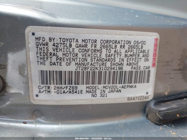 Продаж на аукціоні авто 2001 Toyota Camry Le V6/xle V6, vin: JT2BF22K310294196, номер лоту: 46441051