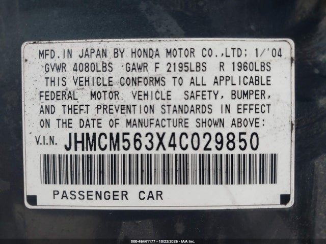Aukcja sprzedaży 2004 Honda Accord 2.4 Lx, vin: JHMCM563X4C029850, numer aukcji: 46441177