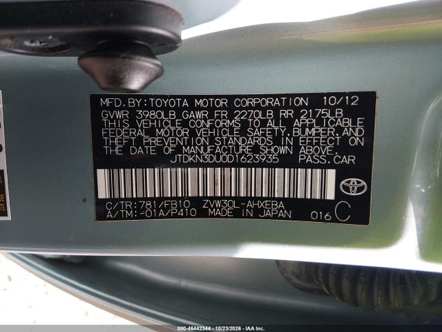 Aukcja sprzedaży 2013 Toyota Prius Two, vin: JTDKN3DU0D1623935, numer aukcji: 46442344