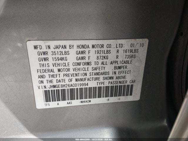 Aukcja sprzedaży 2010 Honda Fit, vin: JHMGE8H26AC019994, numer aukcji: 46442569