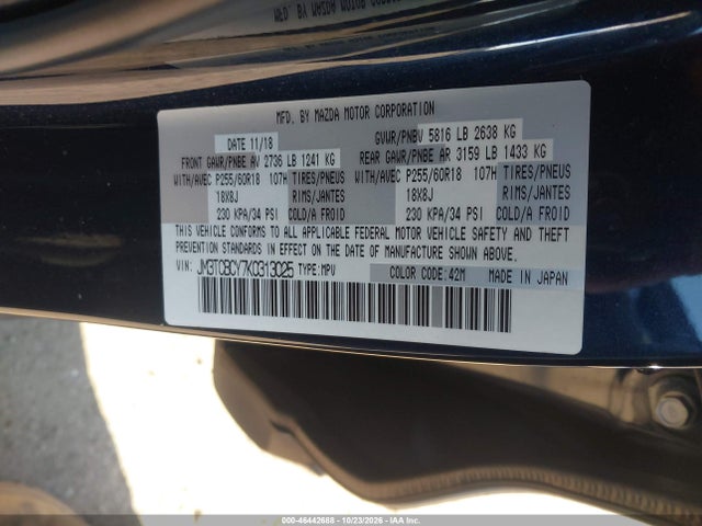 2019 Mazda Cx-9 Touring მანქანა იყიდება აუქციონზე, vin: JM3TCBCY7K0313025, აუქციონის ნომერი: 46442688