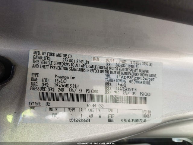 Продажа на аукционе авто 2015 Ford Focus S, vin: 1FADP3E23FL247597, номер лота: 46443332