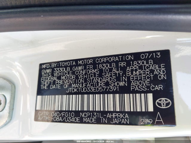 Aukcja sprzedaży 2014 Toyota Yaris Le (tmc/cbu Plant), vin: JTDKTUD33ED577391, numer aukcji: 46443662