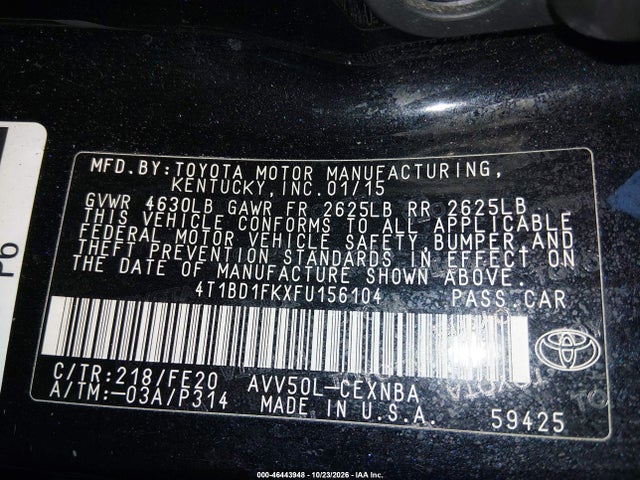 46443948 :رقم المزاد ، 4T1BD1FKXFU156104 vin ، 2015 Toyota Camry Hybrid Le مزاد بيع