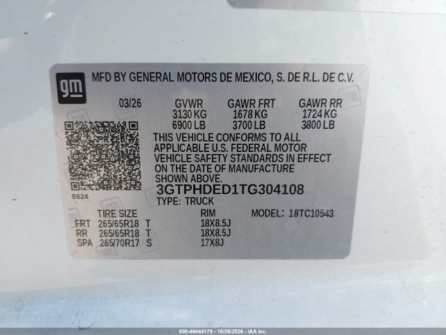 Aukcja sprzedaży 2026 Gmc Sierra 1500 , Short Bed, Slt, Rwd, vin: 3GTPHDED1TG304108, numer aukcji: 46444179