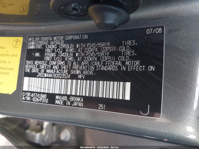 46444470 :رقم المزاد ، JTEEW44A182023524 vin ، 2008 Toyota Highlander Hybrid Limited مزاد بيع