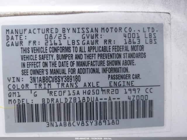 3N1AB8CV8SY389180 Nissan SENTRA SV