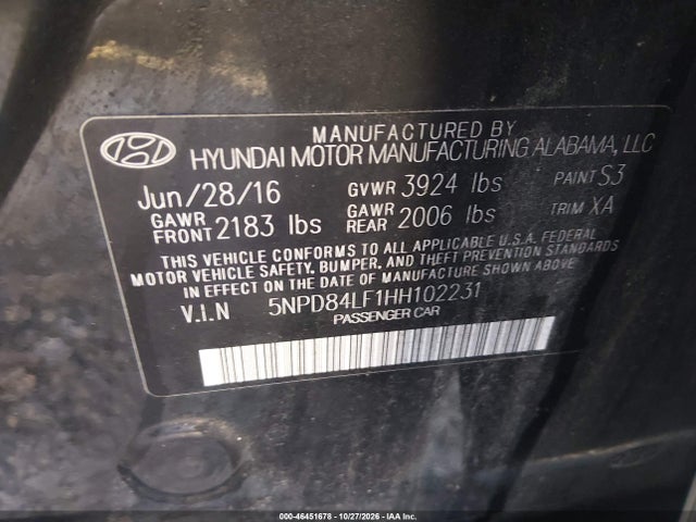 Aukcja sprzedaży 2017 Hyundai Elantra Se, vin: 5NPD84LF1HH102231, numer aukcji: 46451678