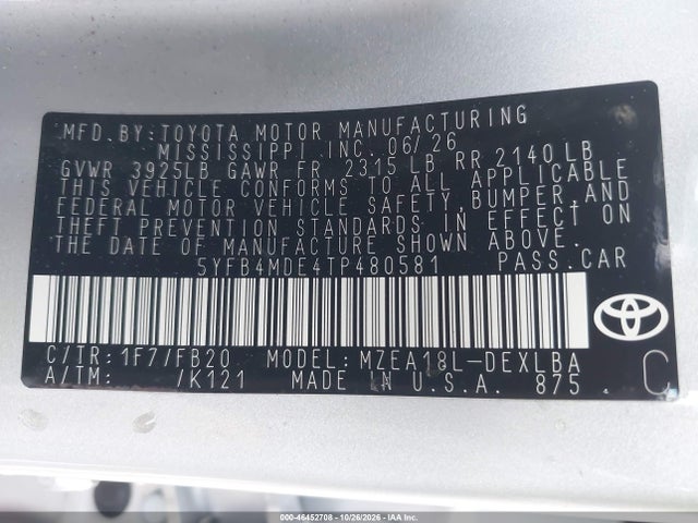 5YFB4MDE4TP480581 Toyota COROLLA LE