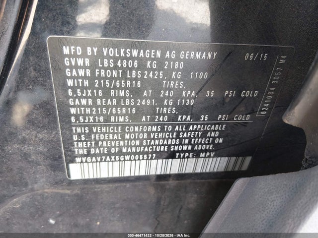 2016 Volkswagen Tiguan S მანქანა იყიდება აუქციონზე, vin: WVGAV7AX5GW005577, აუქციონის ნომერი: 46471432