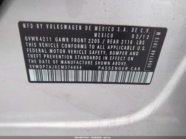 2012 Volkswagen Jetta 2.5l Se მანქანა იყიდება აუქციონზე, vin: 3VWDP7AJXCM374854, აუქციონის ნომერი: 46471518