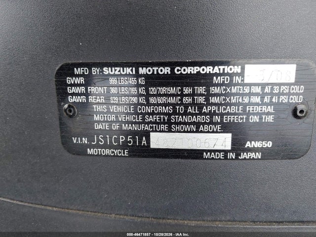 Aukcja sprzedaży 2008 Suzuki An650, vin: JS1CP51A482100674, numer aukcji: 46471857