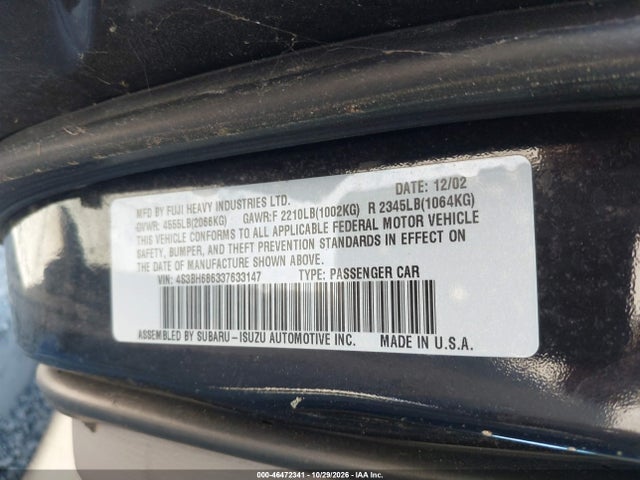 Продажа на аукционе авто 2003 Subaru Outback Limited, vin: 4S3BH686337633147, номер лота: 46472341